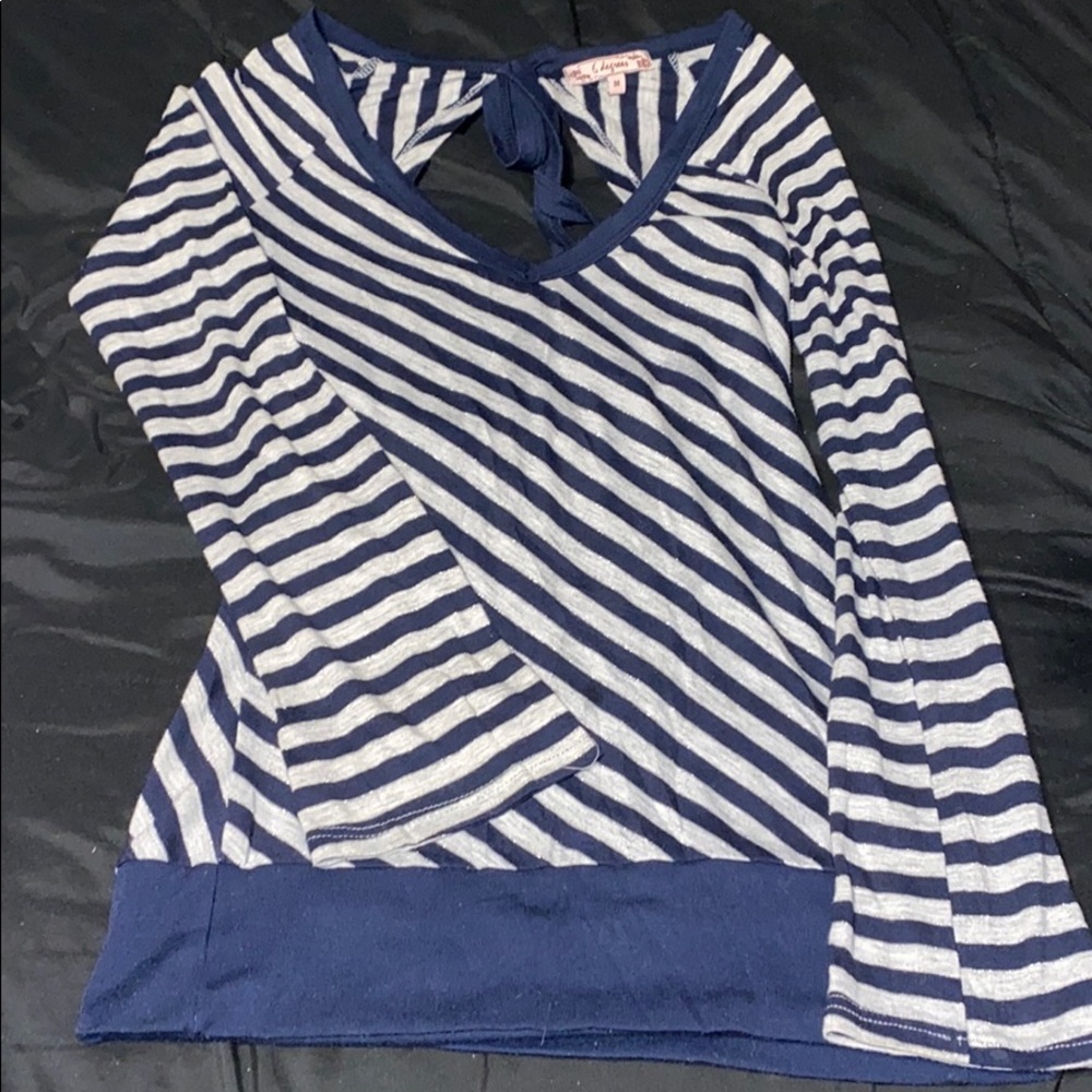 Striped Long Sleeved Open Back Shirt With Tie